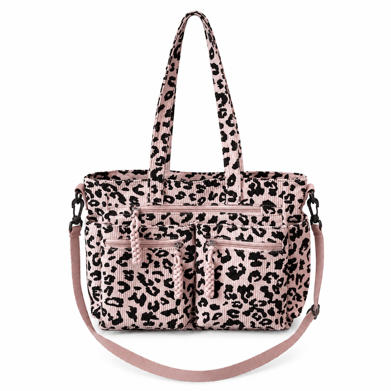 Sac de sport léopard femme rose en velours et polyester – dimensions 26 cm × 37 cm