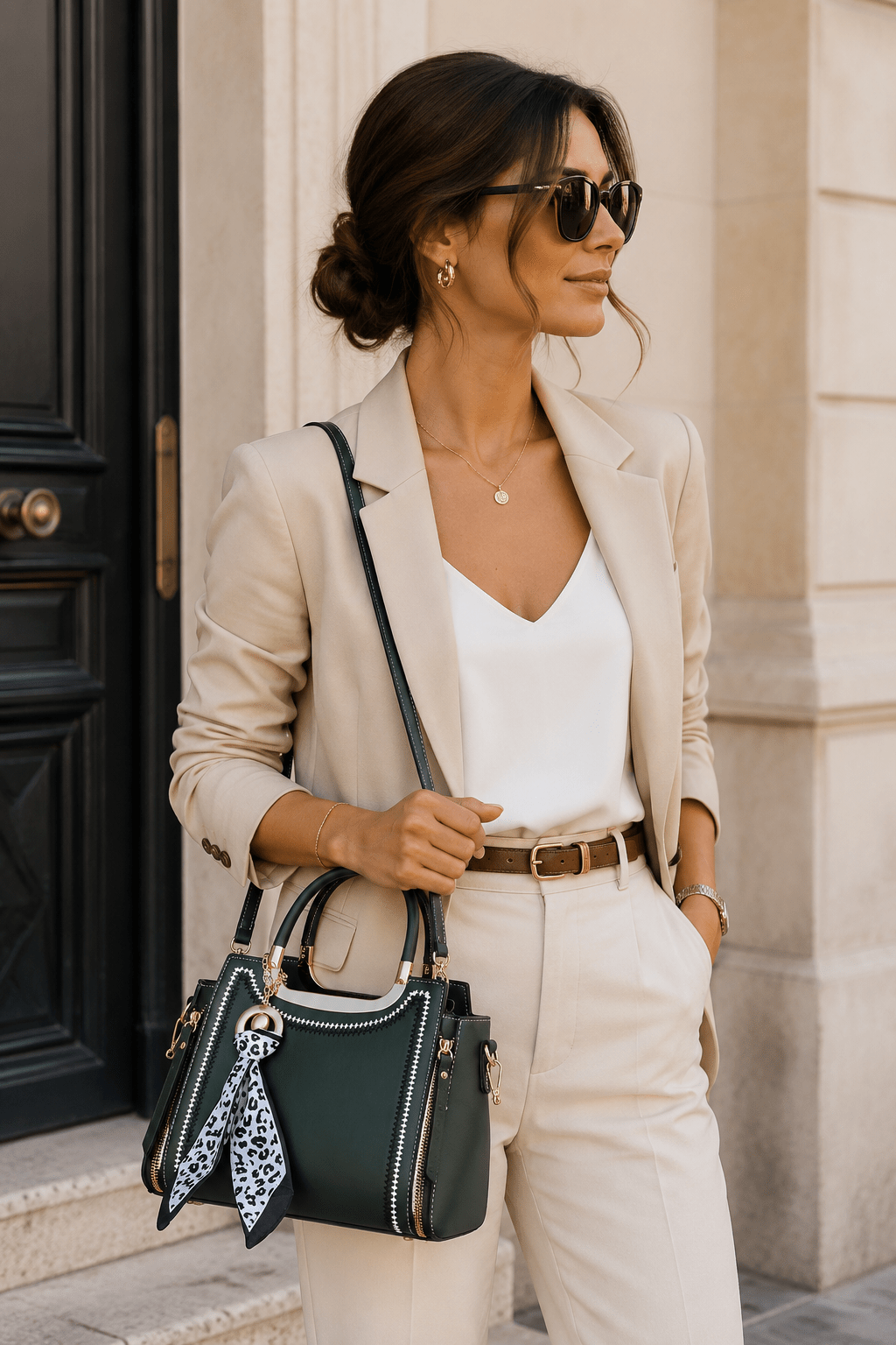 Sac à main bandoulière léopard femme vert en polyester – dimensions 25 cm × 18 cm × 12 cm, fermeture zippée – Image 2