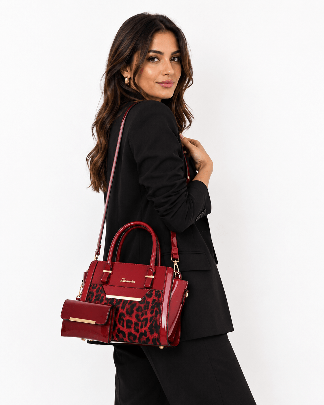 Sac à main bandoulière léopard femme rouge en polyester – dimensions 27 cm × 21 cm × 13 cm, fermeture zippée – Image 2