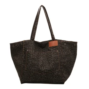 Sac cabas léopard femme noir en toile polyester – avec poche intérieure pour téléphone