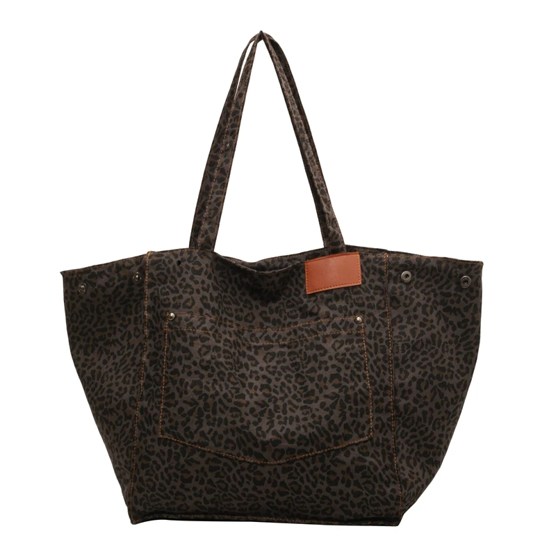 Sac cabas léopard femme noir en toile polyester – avec poche intérieure pour téléphone