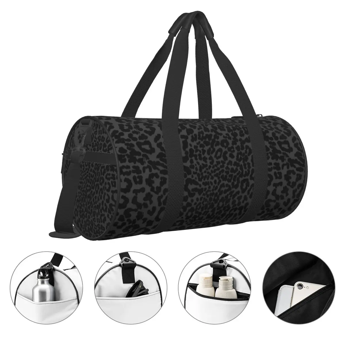 Sac de sport léopard unisexe noir en polyester – Image 3