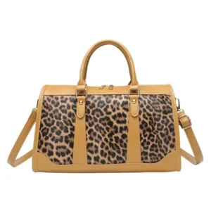 Sac à main bandoulière léopard femme marron clair en polyester – fermeture zippée, forme souple