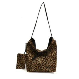 Sac bandoulière léopard femme noir en polyester – avec poche intérieure zippée, forme souple